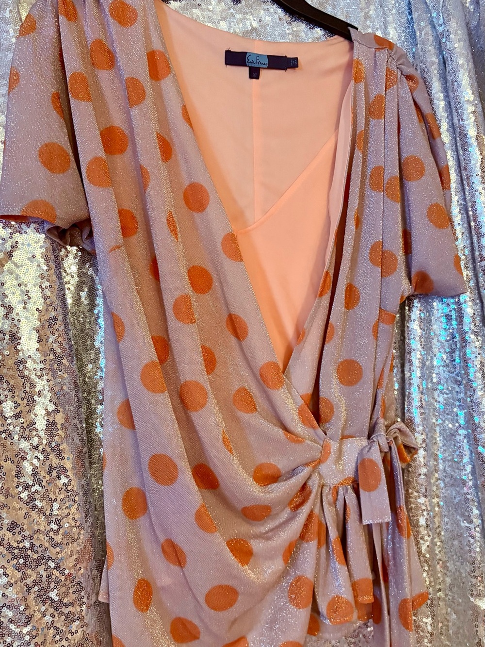 Eva Franco Lavender Wrap Top with Orange Polka Dots